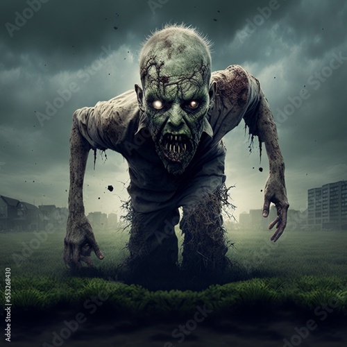 zombie crawls out of the ground. Fear and horror