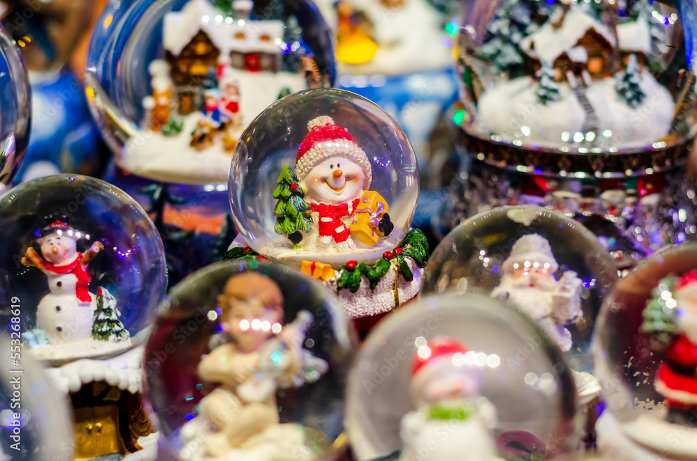 Christmas decoration, snow globes for sale at the fair.