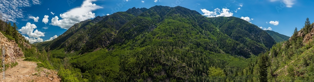 panorama of the green summer mountains with midday blue skies