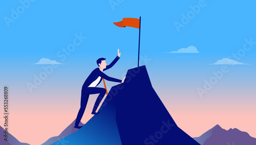 Working your way up - Businessman climbing up mountain trying to reach the goal on top. Motivational concept, flat design vector illustration