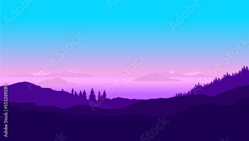 Flat purple vector landscape - Nature scene in lilac and blue colour of horizon with trees and sea