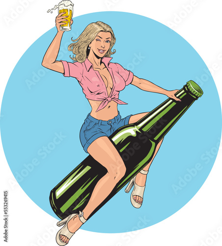 Pinup pretty woman riding a beer bottle isolated and holding a beer pint vector illustration