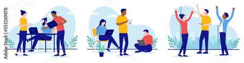 Teamwork vector illustrations - Set of people working in small teams in office with computers. Vector illustration collection with white background