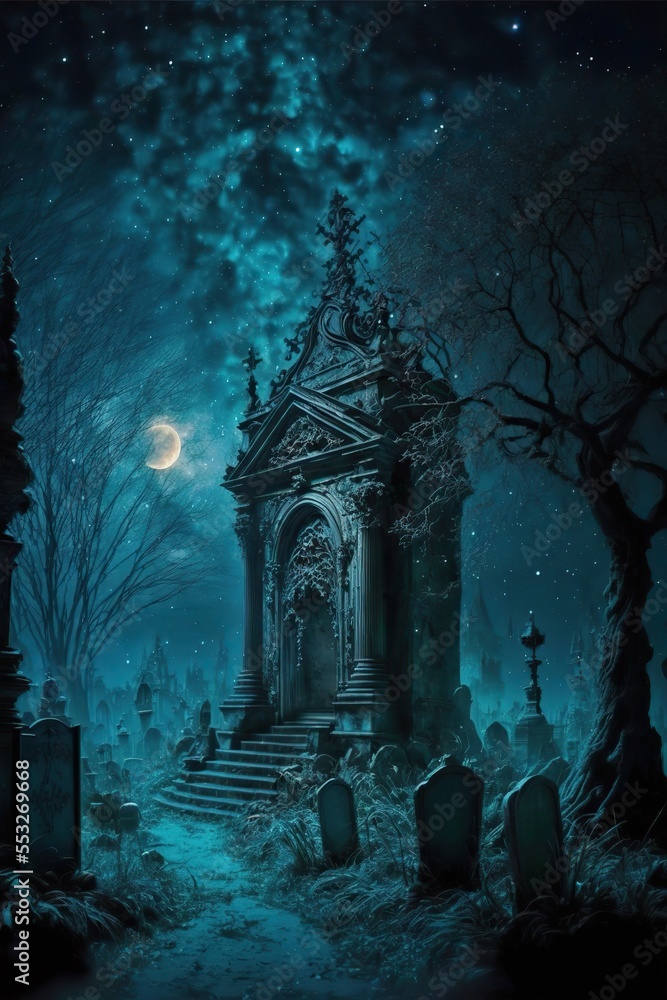 Halloween foggy night scene with cemetery, gothic thumb-stone. Generative ai. 