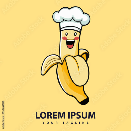 Banana cartoon mascot logo design. Flat style logo. Vector Icon Illustration. Fruit Icon Concept. Suitable for Web Landing Page, Banner, Sticker, Background.
