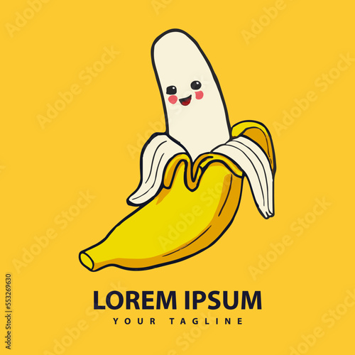 Banana cartoon mascot logo design. Flat style logo. Vector Icon Illustration. Fruit Icon Concept. Suitable for Web Landing Page, Banner, Sticker, Background.