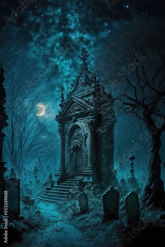 Halloween foggy night scene with cemetery  gothic thumb-stone. Generative ai. 