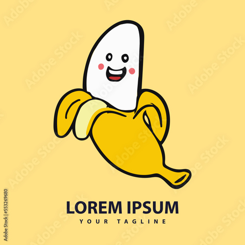 Banana cartoon mascot logo design. Flat style logo. Vector Icon Illustration. Fruit Icon Concept. Suitable for Web Landing Page, Banner, Sticker, Background.