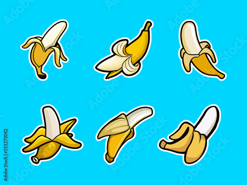 Banana Set Sticker Cartoon Style. Banana icon set. Suitable for Plain Background. Web Landing Page, Banner, Label. Banana cartoon logo design. Isolated vector illustration icons set.