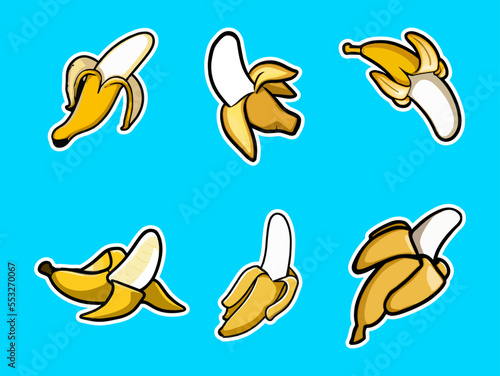 Banana Set Sticker Cartoon Style. Banana icon set. Suitable for Plain Background. Web Landing Page, Banner, Label. Banana cartoon logo design. Isolated vector illustration icons set.