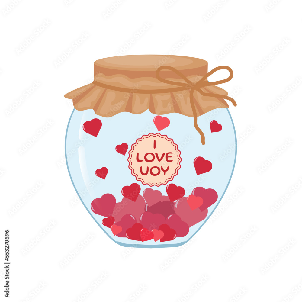 Vector illustration of a glass jar with love cards and notes. Valentine's Day design element. Flat illustration with a jar and hearts