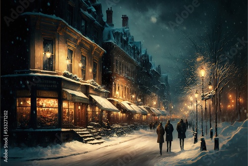 Cozy Christmas City in Winter Night Time with Town Buildings and Street Warm Lights with People on the Sidewalk Generative AI
