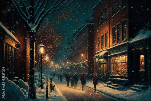 Cozy Christmas City in Winter Night Time with Town Buildings and Street Warm Lights with People on the Sidewalk Generative AI