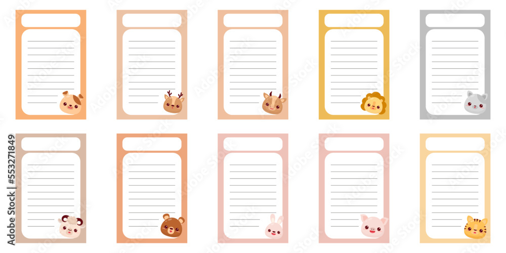 Note of cute animal label illustration. Memo, paper, kindergarten, name tag, kid icon. Vector drawing. writing paper. Set Note of cute animal label illustration. Memo, paper, kindergarten, name tag, kid icon. Vector drawing. writing paper. Set