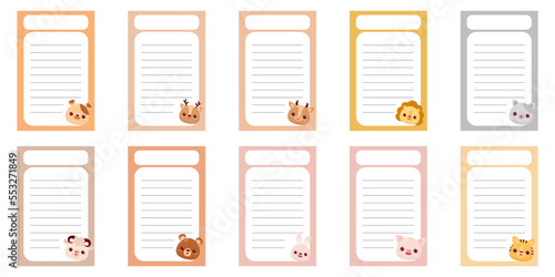 Note of cute animal label illustration. Memo, paper, kindergarten, name tag, kid icon. Vector drawing. writing paper. Set