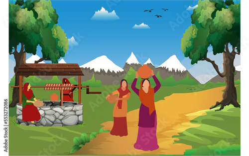 Fototapeta Naklejka Na Ścianę i Meble -  Early morning group of traditional dressed women carrying water pots on their heads for fetching water from a water well. Vector illustration