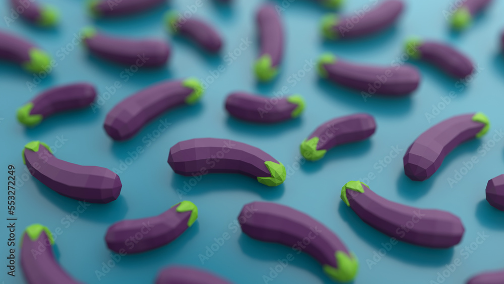 A pattern of polygonal eggplants on a blue pastel background. Flat layout of vegetables, 3d illustration. A pattern of polygonal eggplants on a blue pastel background. Flat layout of vegetables, 3d illustration.