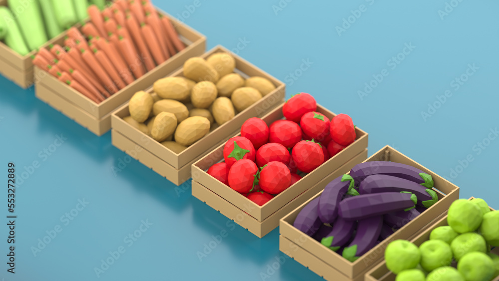 A variety of boxes full of polygonal fruits and vegetables on a blue background. The concept of fresh and healthy food. 3d rendering. A variety of boxes full of polygonal fruits and vegetables on a blue background. The concept of fresh and healthy food. 3d rendering.