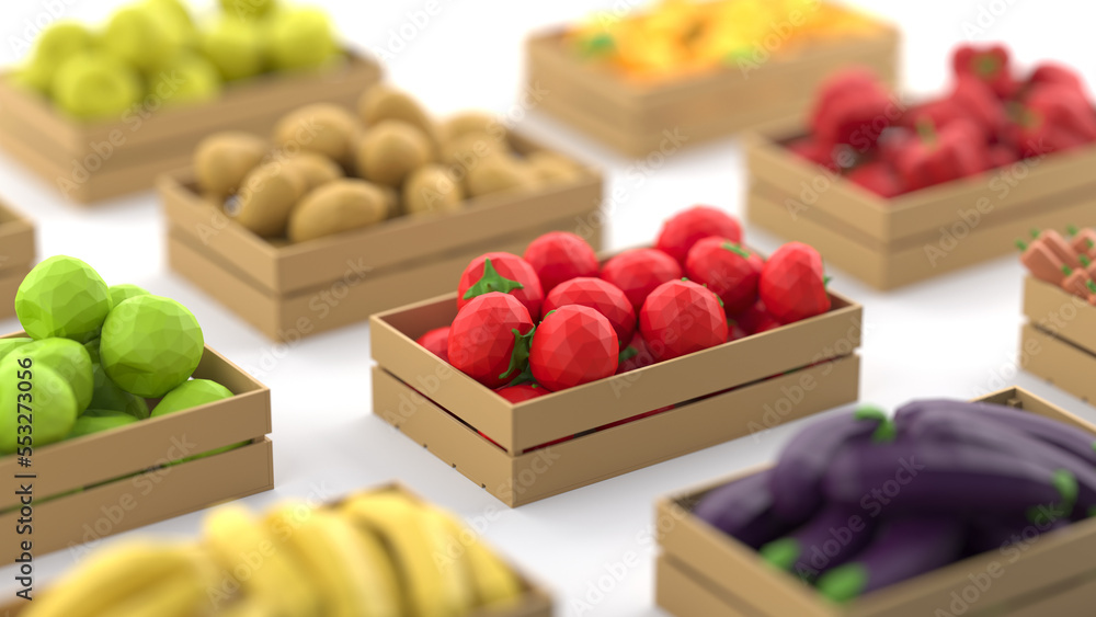 A variety of boxes full of polygonal fruits and vegetables on a white background. The concept of fresh and healthy food. 3d rendering. A variety of boxes full of polygonal fruits and vegetables on a white background. The concept of fresh and healthy food. 3d rendering.
