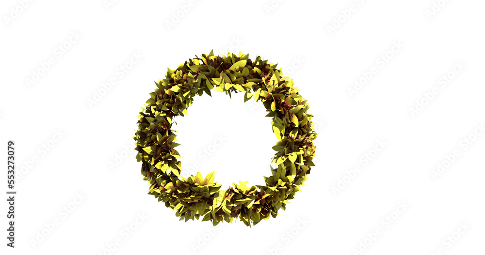 isolate laurel wreath symbol of victory, 3d image, yellow gold foliage in the shape of a circle autumn foliage, abstract figure for design editing.