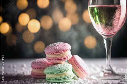 Pink and green macaroons, christmas and wine, digtal art. photo