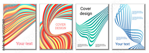 A set of 4 abstract covers. Wavy parallel gradient lines, ribbons evolve. Cover design, background. Trendy banner, poster.