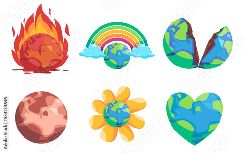 earth burning global warming climate change cracked earth icon illustration and bright future