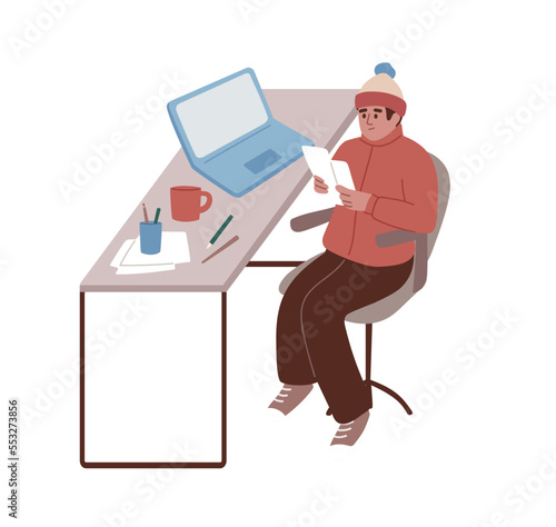 Man wearing warm clothes at work in the office. Cold in the room. Low temperature. Turn off heating. Economy of gas. Character wearing informal warm clothes trembling with cold at work place.