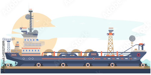 Ship in the pier, embankment. Vessel ready to sail. Navy concept. Shipbuilding illustration. Flat vector.