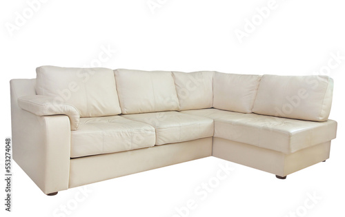 Beige leather corner sofa. Isolated.