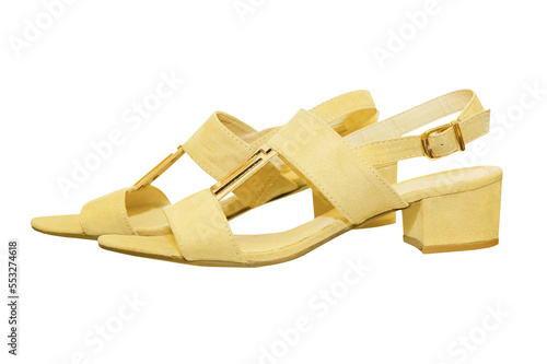 Pair of beige woman sandals isolated on transparent.