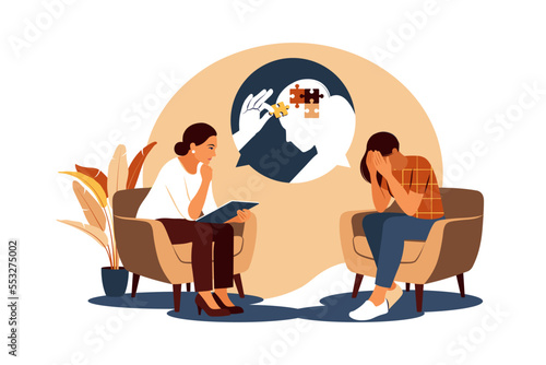 Psychology job with counseling depressions and anxiety. Two women are sitting and talking. Mental health concept. Vector illustration.