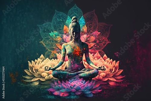 Woman Doing Yoga With Lotus Flowers And Chakra Gradient Colors - Spiritual Contemplation photo