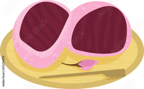 Sakura Mochi with azuki paste on wooden plate vector illustration isolated on transparent background. Kansai style Japanese dessert. Two rice balls with anko filling