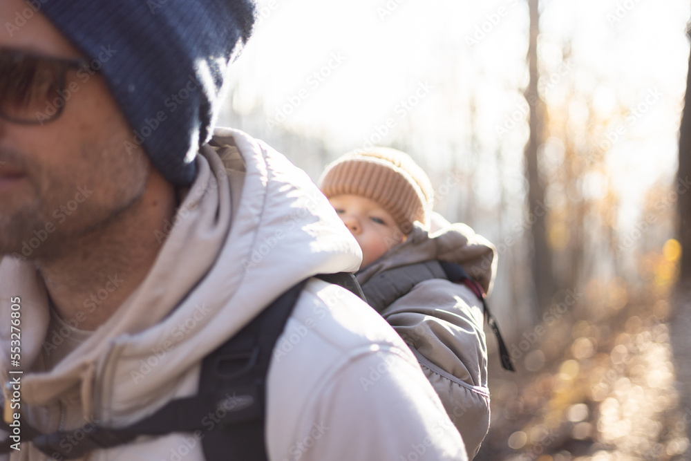 Fototapeta premium Sporty father carrying his infant son wearing winter jumpsuit and cap in backpack carrier hiking in autumn forest