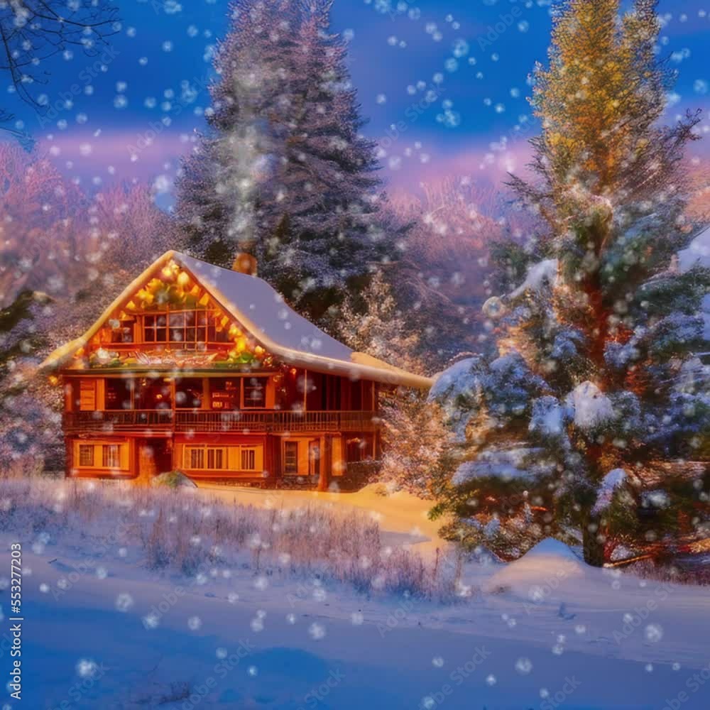 Cozy log cabin and decorated Christmas tree set against a snowy backdrop, capturing the essence of a classic holiday scene. Cozy log cabin and decorated Christmas tree set against a snowy backdrop, capturing the essence of a classic holiday scene.