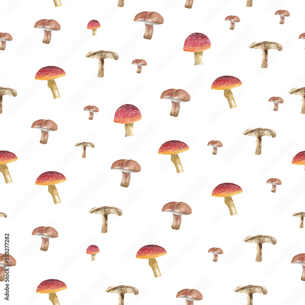 SEAMLESS PATTERN OF MUSHROOMS IN WATERCOLOR SEAMLESS PATTERN OF MUSHROOMS IN WATERCOLOR