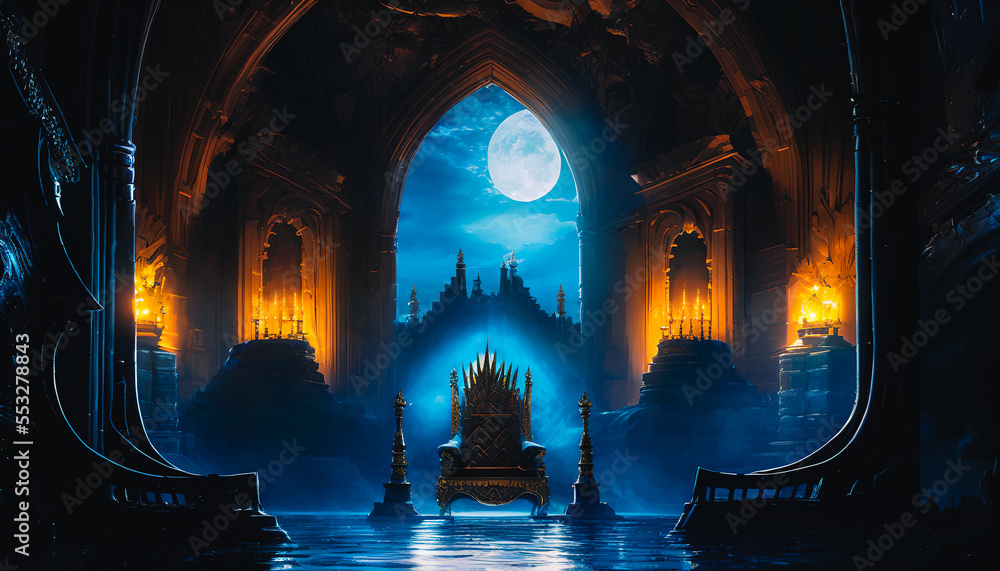 Painting of throne of the kings, royal throne in a medieval castle, with a dark and foreboding atmosphere permeating the scene.