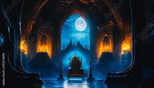 Painting of throne of the kings, royal throne in a medieval castle, with a dark and foreboding atmosphere permeating the scene.