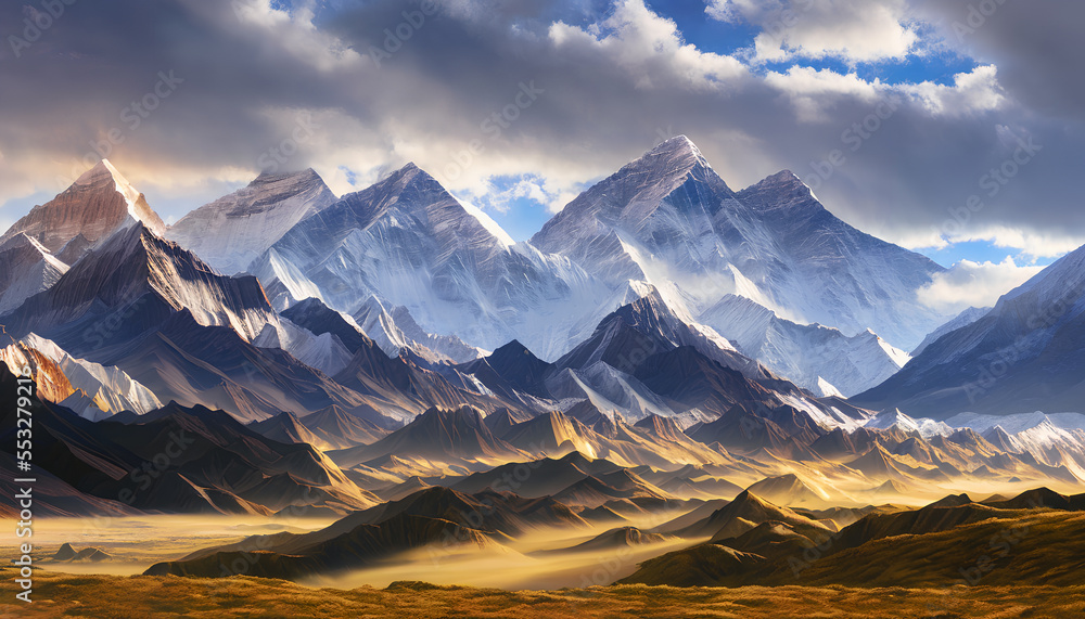 Painting of panoramic view of great Himalayan range at sunset, with the mountains glowing in the warm light of the setting sun.