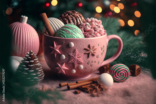 cup of coffee with christmas decorations, digital art