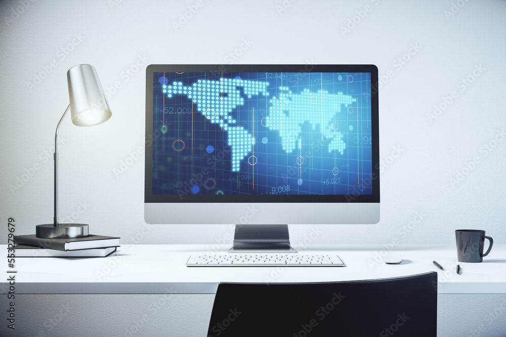 Abstract digital world map on modern computer monitor, big data and blockchain concept. 3D Rendering Abstract digital world map on modern computer monitor, big data and blockchain concept. 3D Rendering