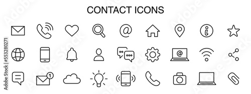 Contact thin line icons set. 27 icons. Basic contact icon. Contact editable stroke icons. Vector EPS 10