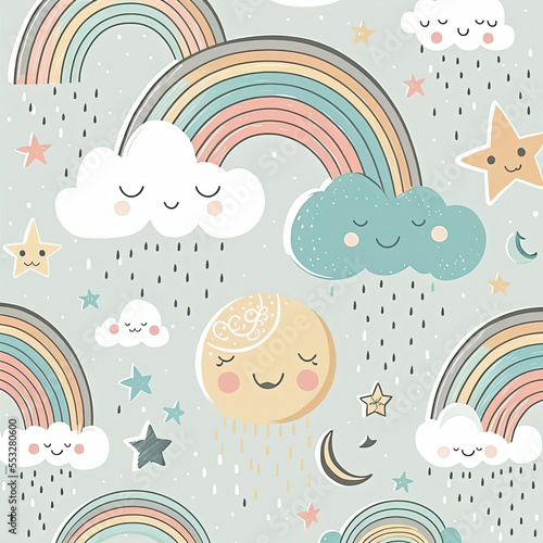 pattern with clouds and stars, boho rainbow pattern with modern pastel rainbows, background Vector seamless