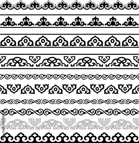 Set of seamless black ornamental borders. Buryatian, Mongolian ethnic style. So called «horned» ornament, «ram horns». Floral ornaments. Pattern brushes included.