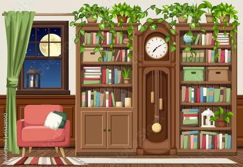 Vintage living room interior design with bookcases, grandfather clock, an armchair, a window, and plenty of books and houseplants. Cozy old interior design. Cartoon vector illustration