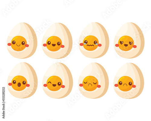 Doodle flat clipart. Cute half of an egg with a face. All objects are repainted.