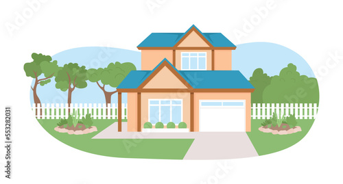 Private house 2D vector isolated illustration. Residential building exterior. Comfort home flat landscape on cartoon background. Colorful editable scene for mobile, website, presentation