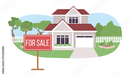 Private house sale 2D vector isolated illustration. Residential buildings flat landscape on cartoon background. Colorful editable scene for mobile, website, presentation. Bebas Neue font used