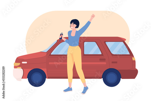 Happy car owner 2D vector isolated illustration. Woman buying automobile. Purchasing auto. Female flat character on cartoon background. Colorful editable scene for mobile, website, presentation